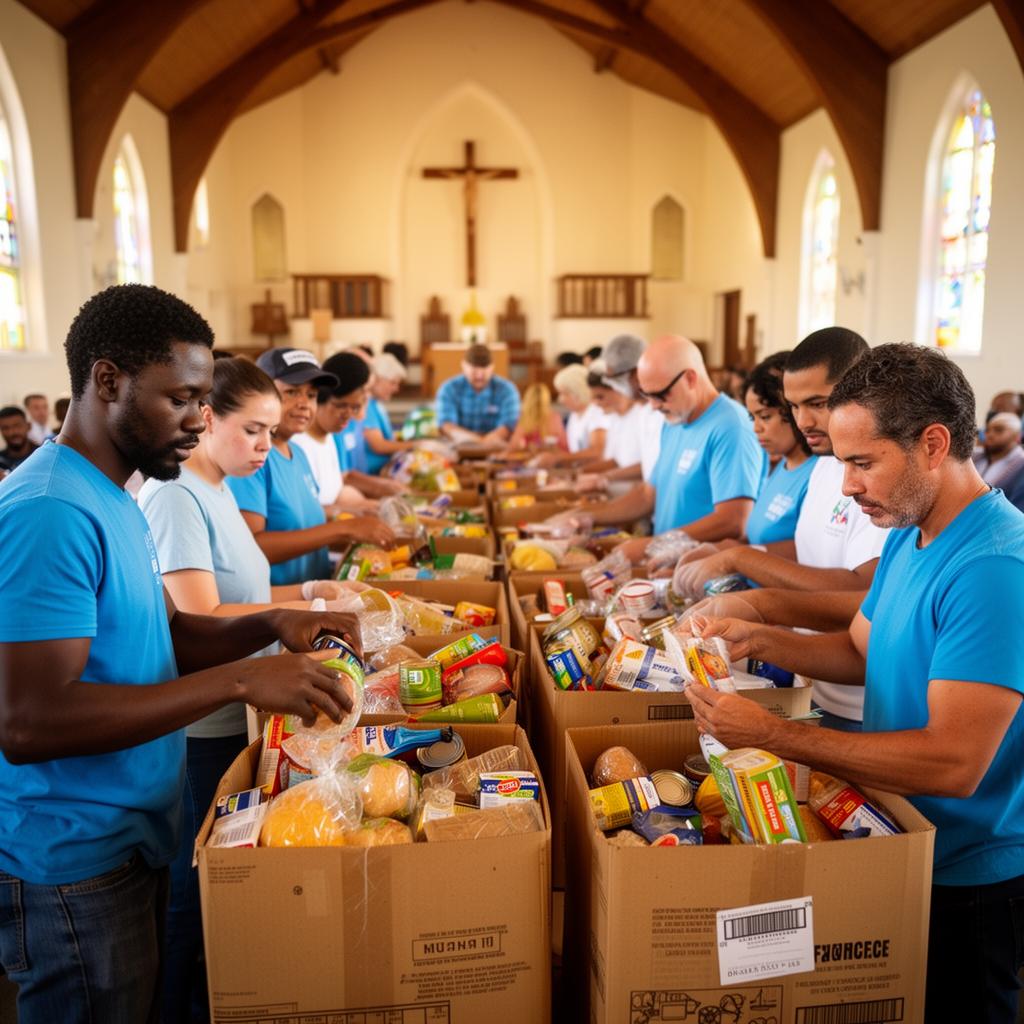 Volunteers packing care boxes